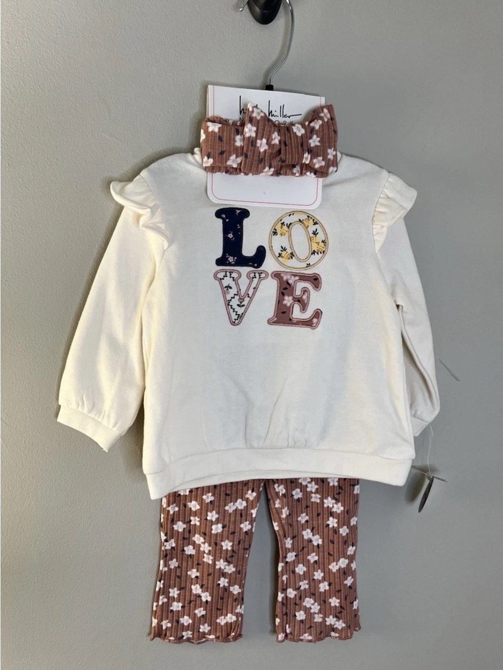 Nicole Miller Kids Matching Set Cream Top with Brown Floral Pants and Bow NWT